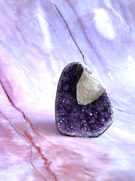 Amethyst flat base with calcite and black sugar druzy